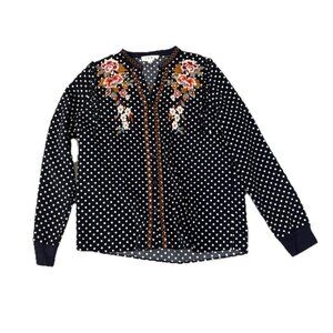 THMI Blouse Polka Dots Floral Embroidery Long Sleeve Large
